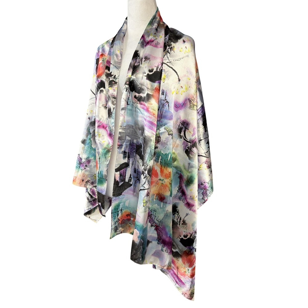 Abstract Watercolor Silk Scarf Shawl Womens One Size‎ Multicolor Floral